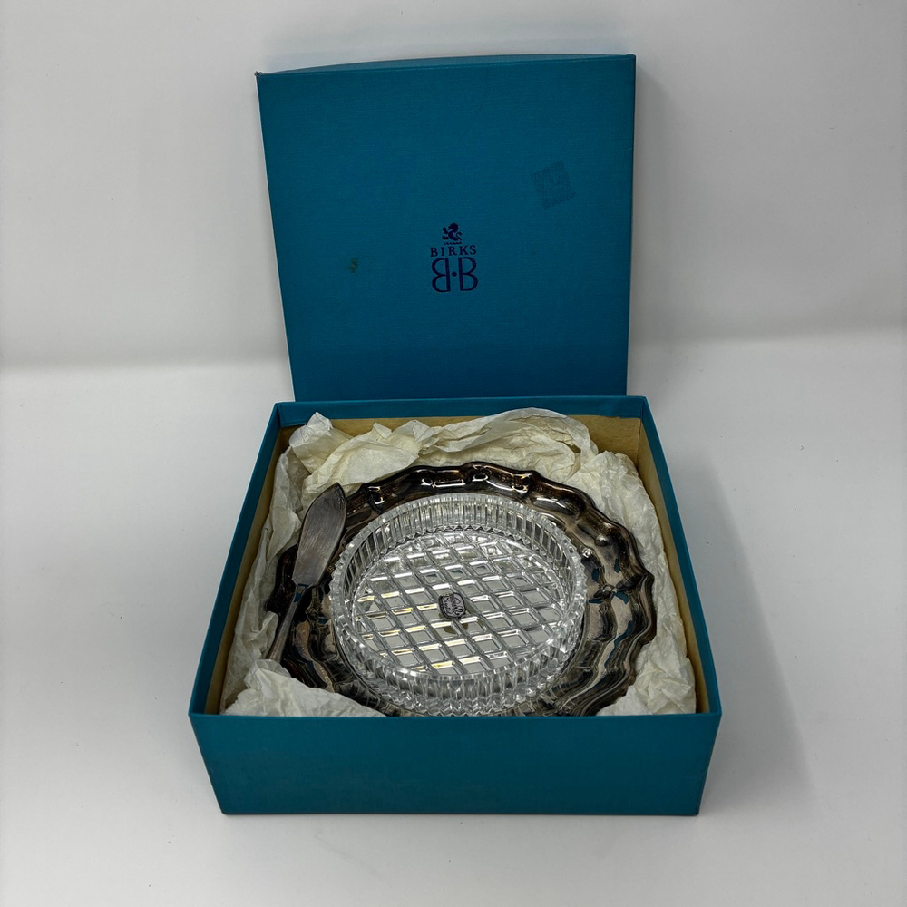 Birks Silver-Plated Serving Tray Set with Glass Insert & Knife in Original Box